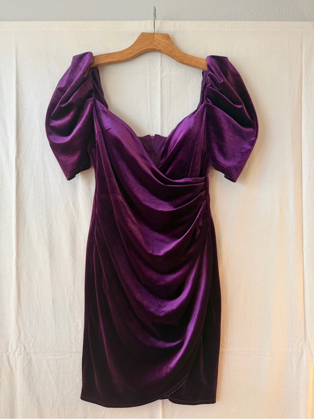 B Darlin Purple Velvet Puff-Sleeve Draped Mini Dress